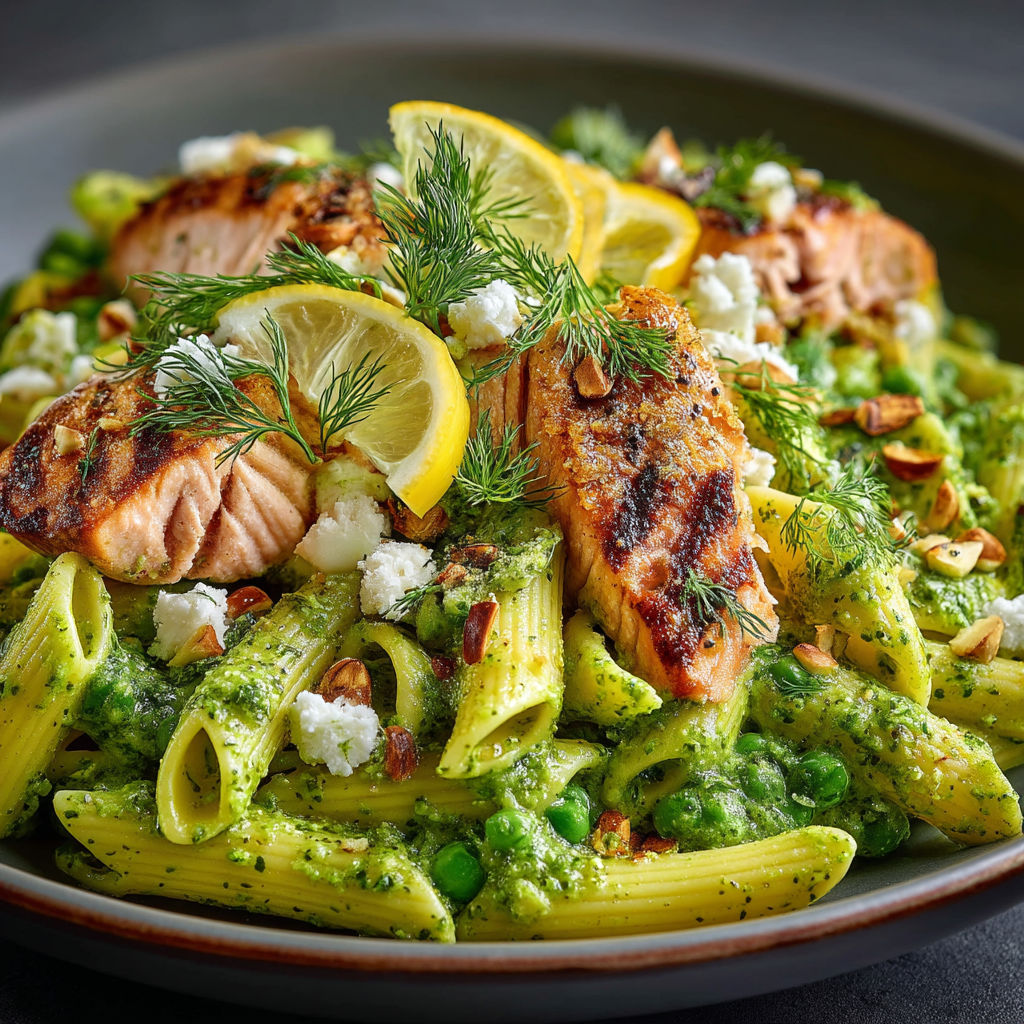 Pâtes pesto de petits pois & saumon.