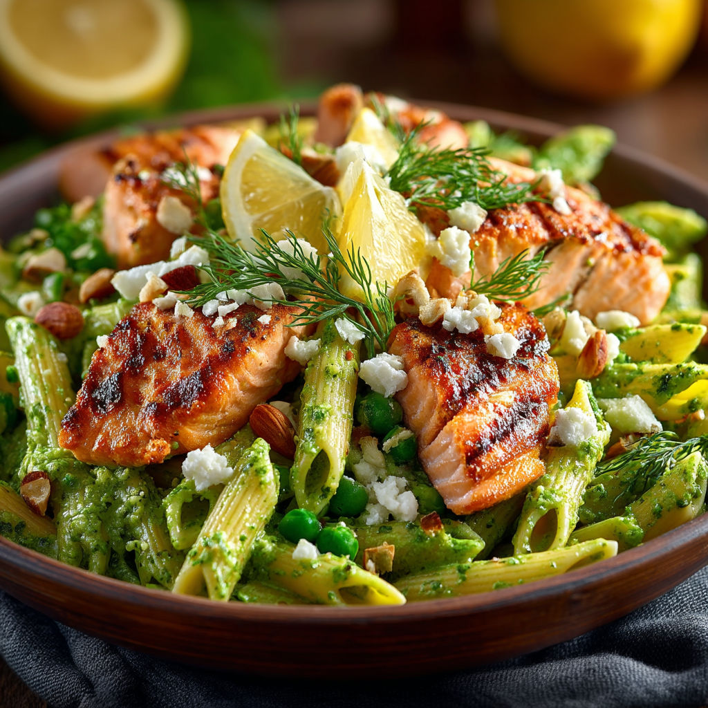 Pâtes pesto de petits pois & saumon.
