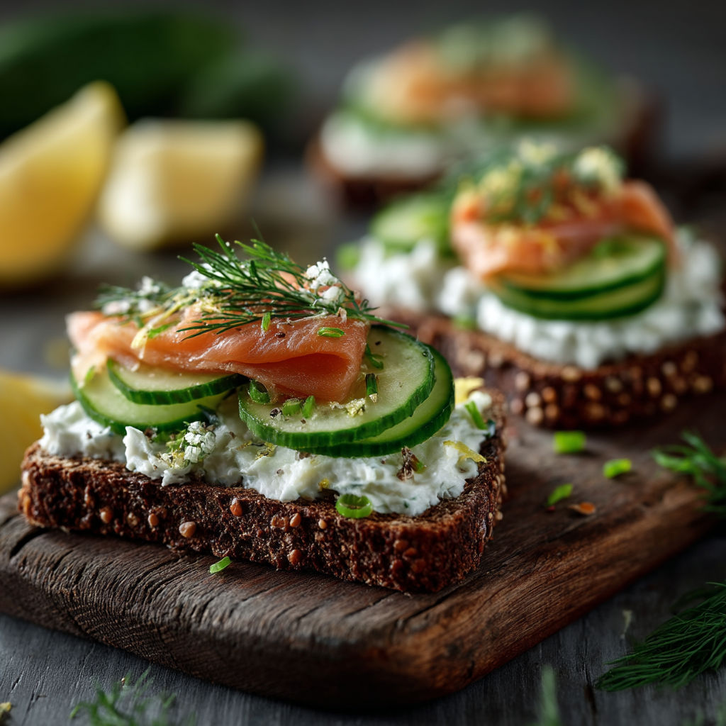Une collation de brunch nordique avec des tranches de pain grillé, des tranches de cucumber, des tranches de salmon et des tranches de citron.