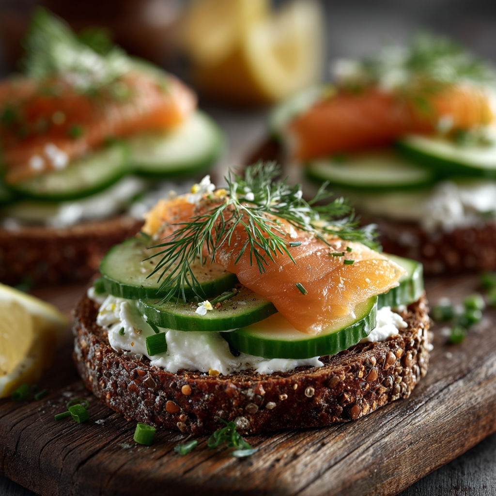 Une tranche de sandwich avec des légumes et du saumon.