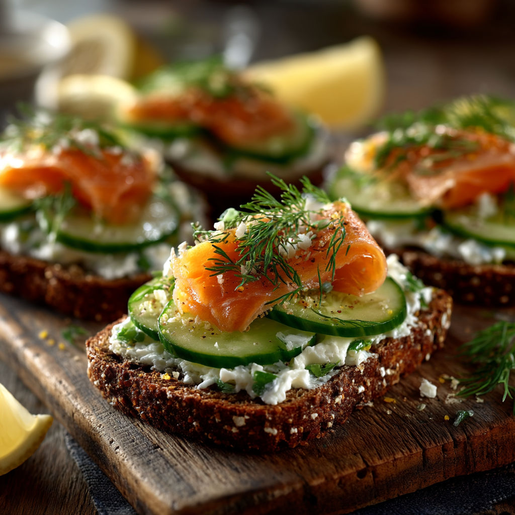 Une plaque de pain grillé avec des tranches de cucumber et de saumon.