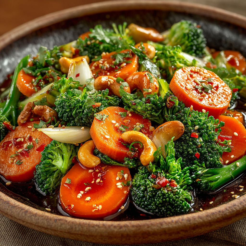 Une assiette de légumes sautés avec du gingembre et du cajou.