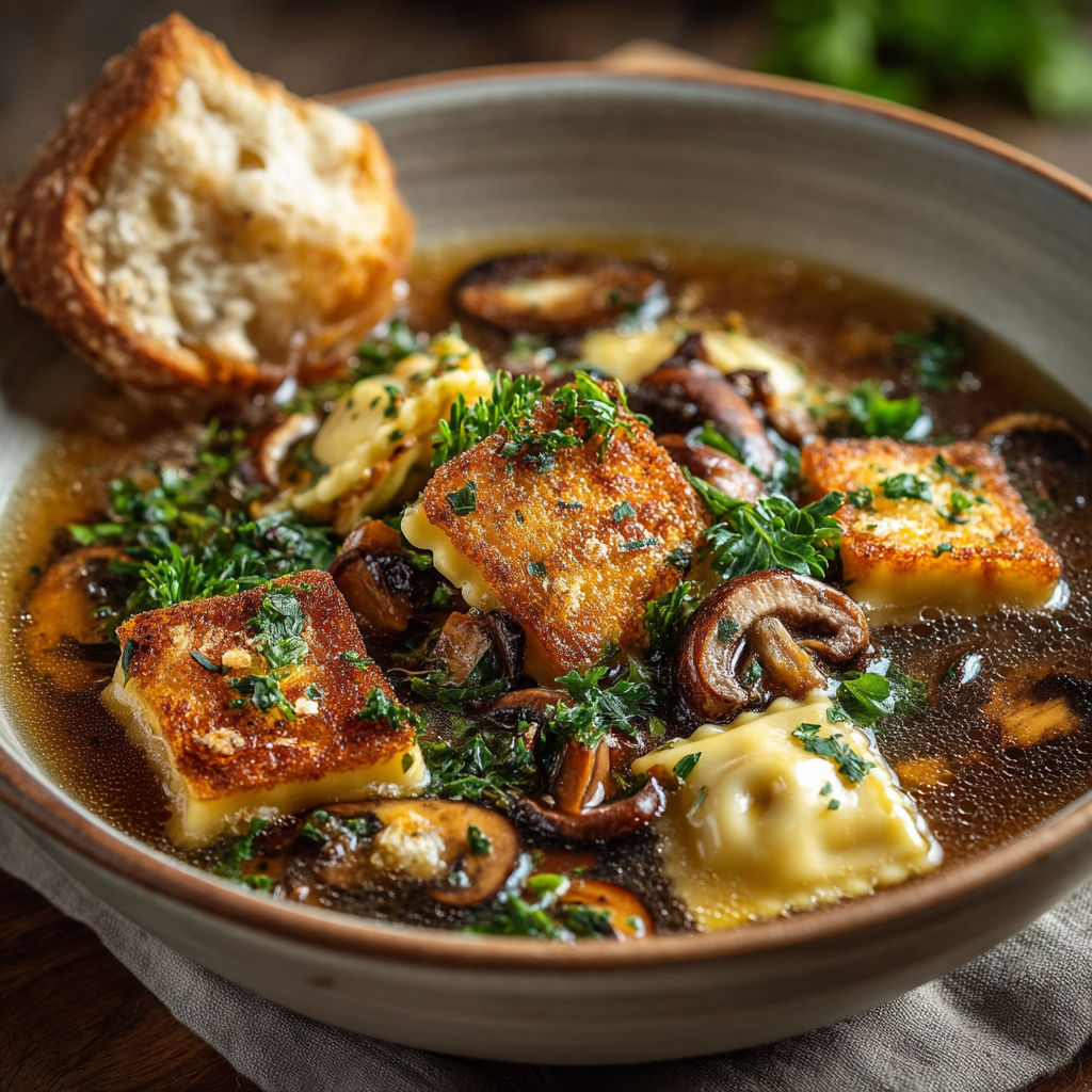 Une soupe de mushrooms et de pâtes avec du pain.