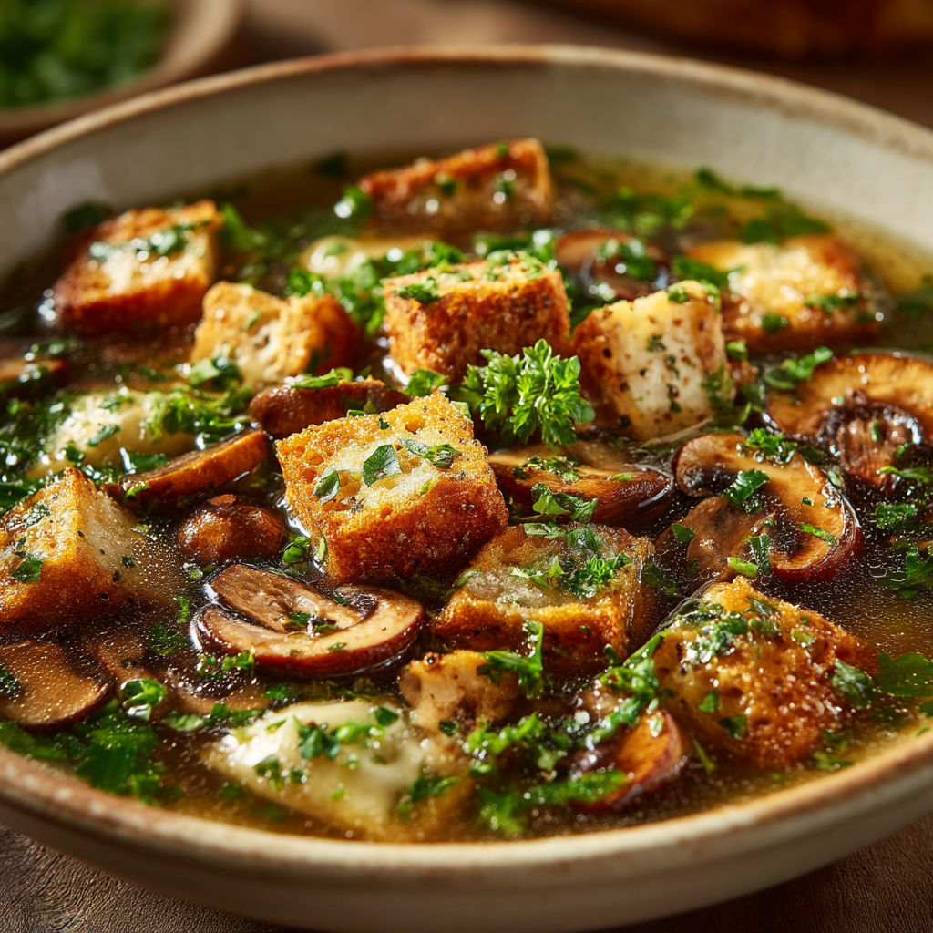 Une soupe avec des morceaux de pain et des champignons.