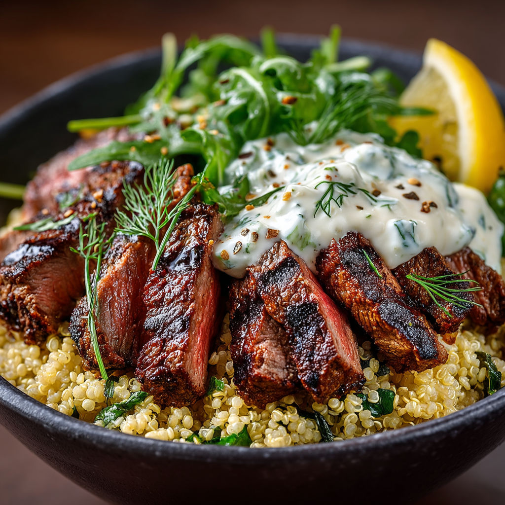 Steak bowl avec quinoa et tzatziki.