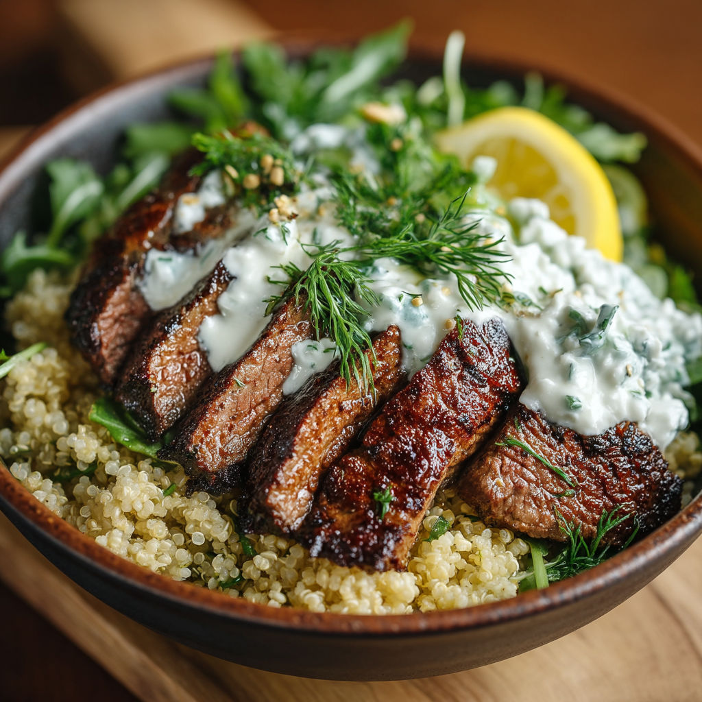 Une salade de viande avec des légumes et des herbes.
