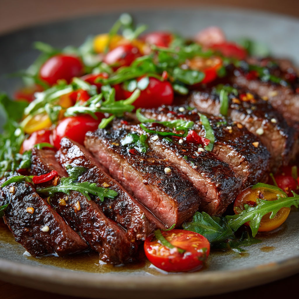 Une bavette de boeuf avec une salade de tomates cerises.