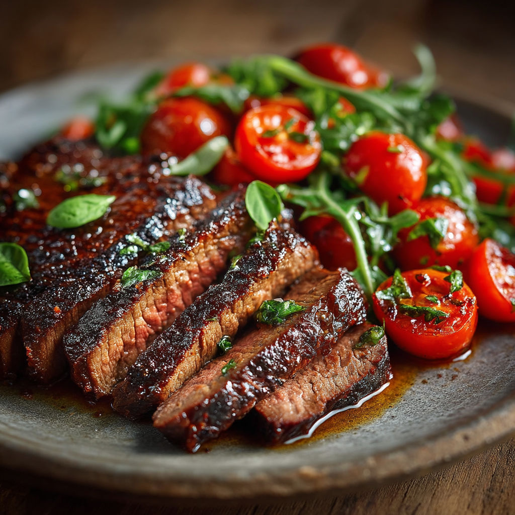Steak grillé avec des légumes verts.