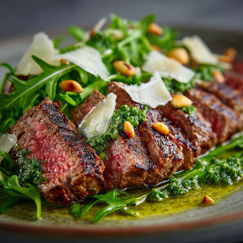 Steak grillé avec des légumes verts.