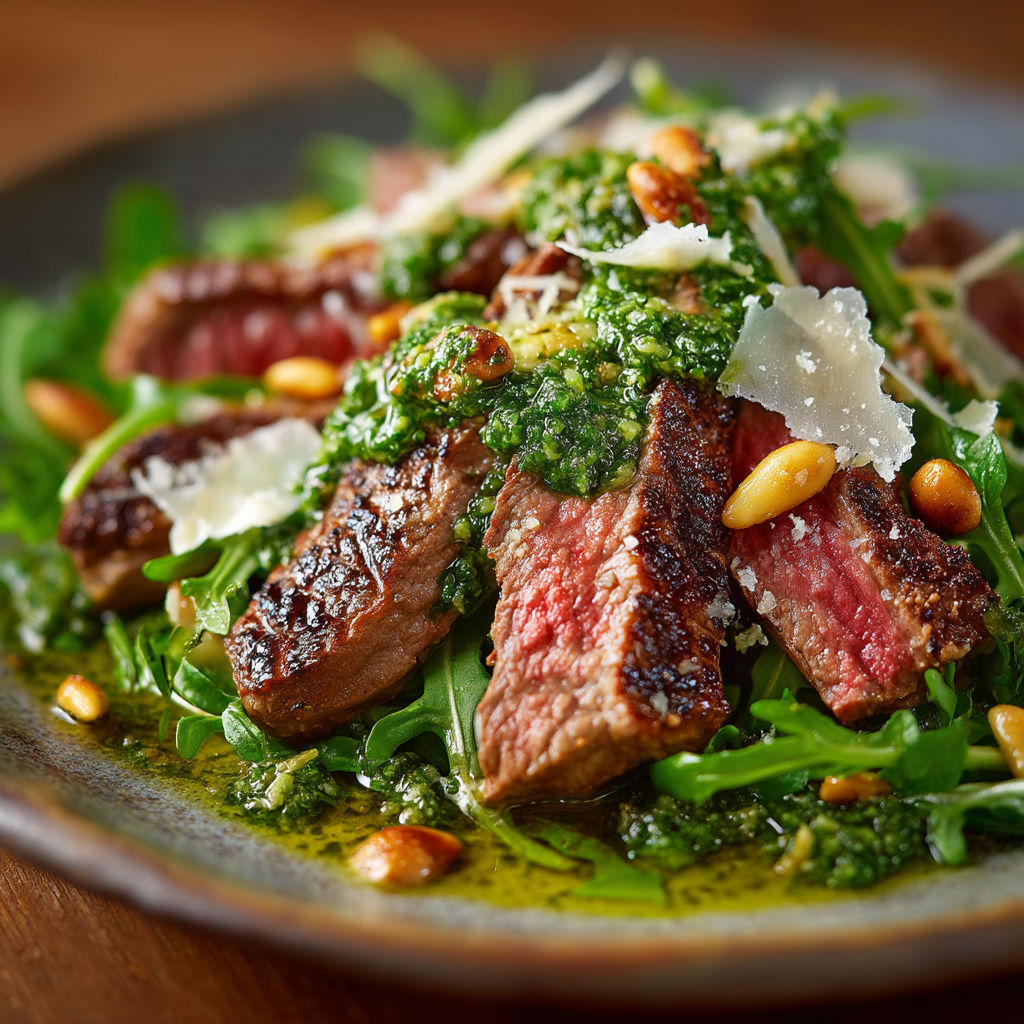 Steak à l'italienne avec des légumes verts.