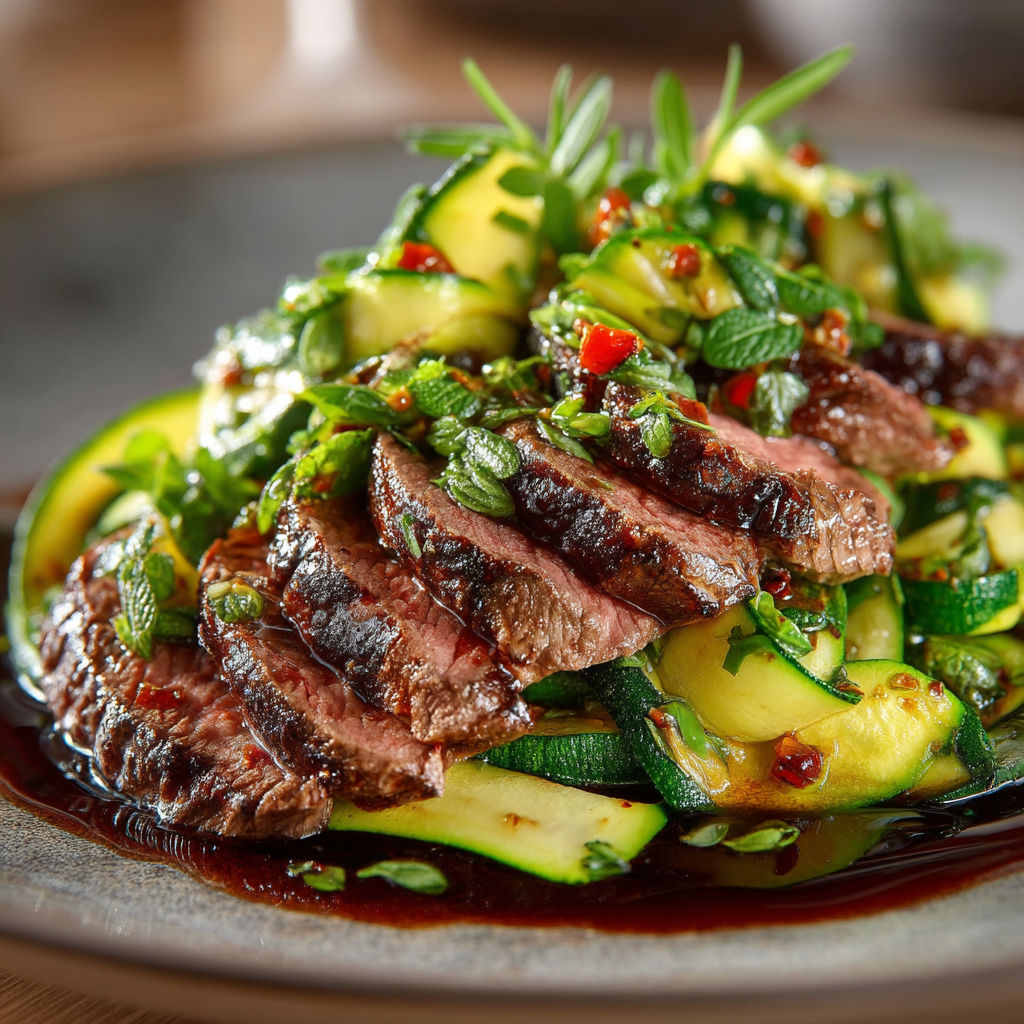 Une tagliata de bœuf et courgettes est servie sur un plateau.