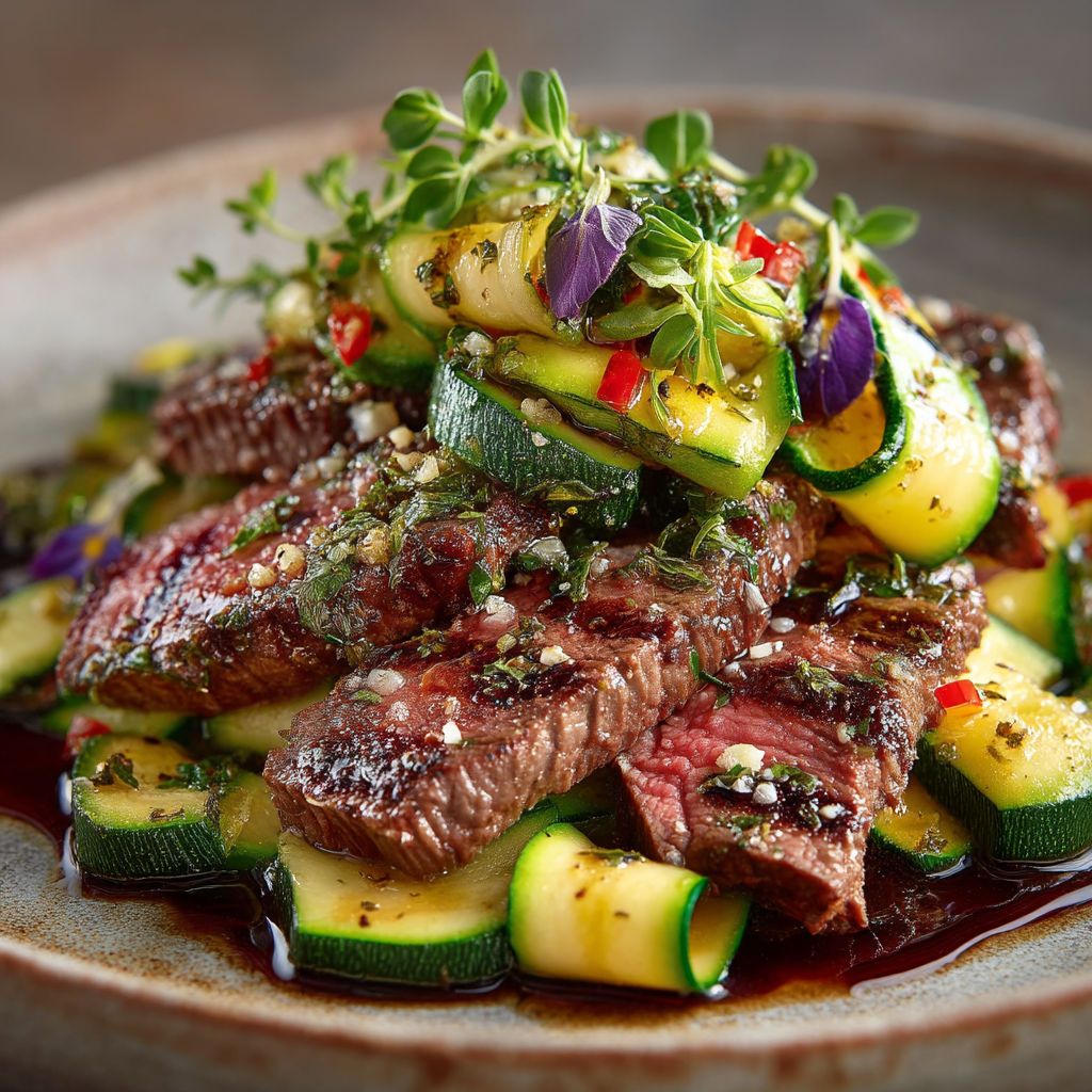 Steak avec des légumes verts.