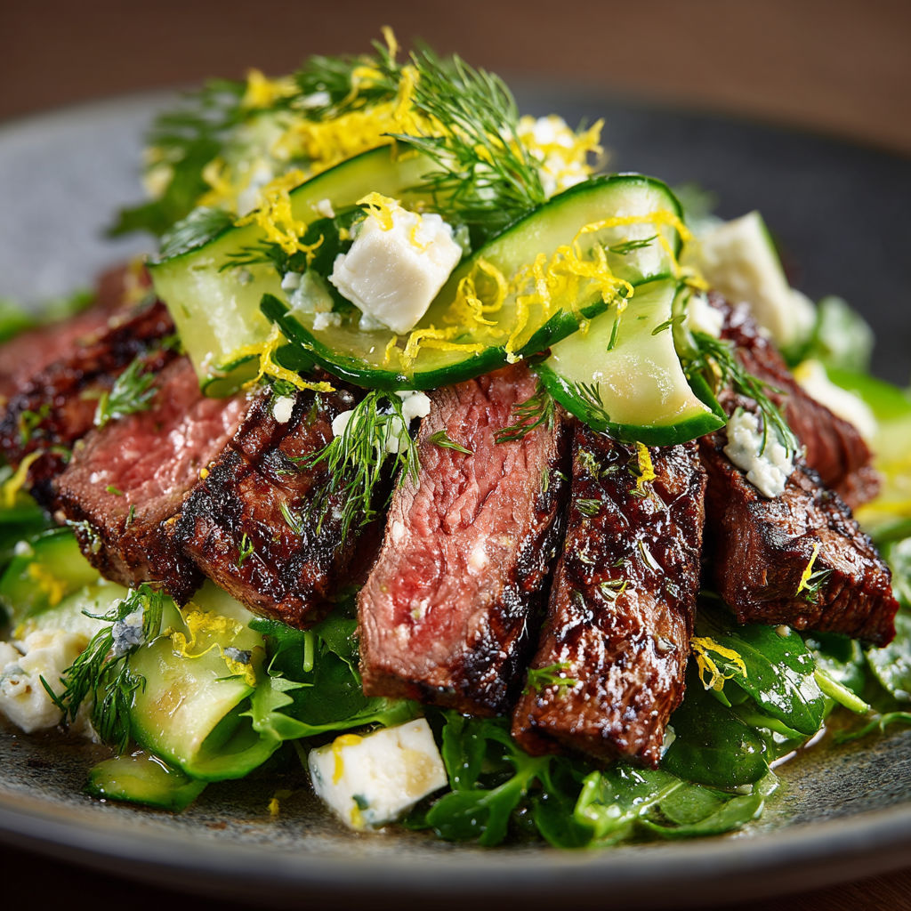 Une salade de bœuf avec des légumes et des herbes.