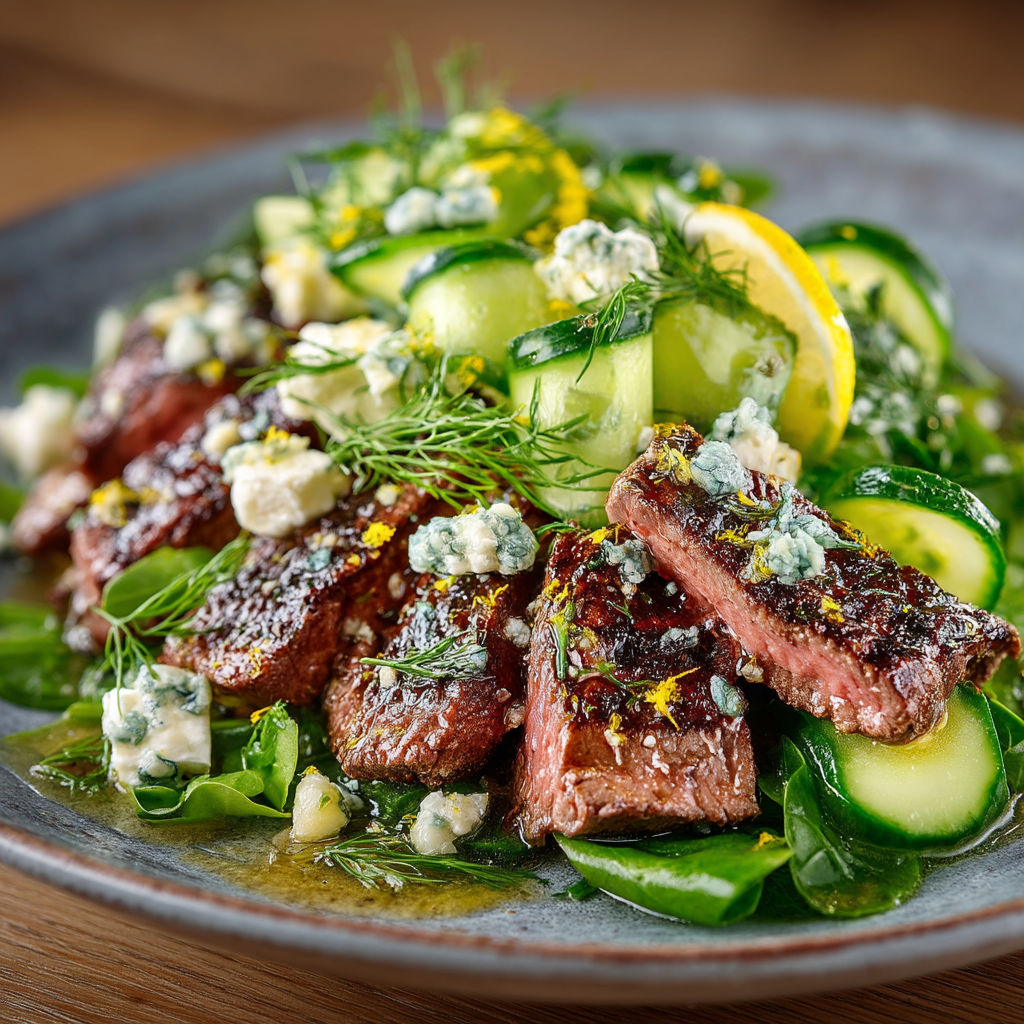 Une salade de viande avec des légumes verts et des herbes.