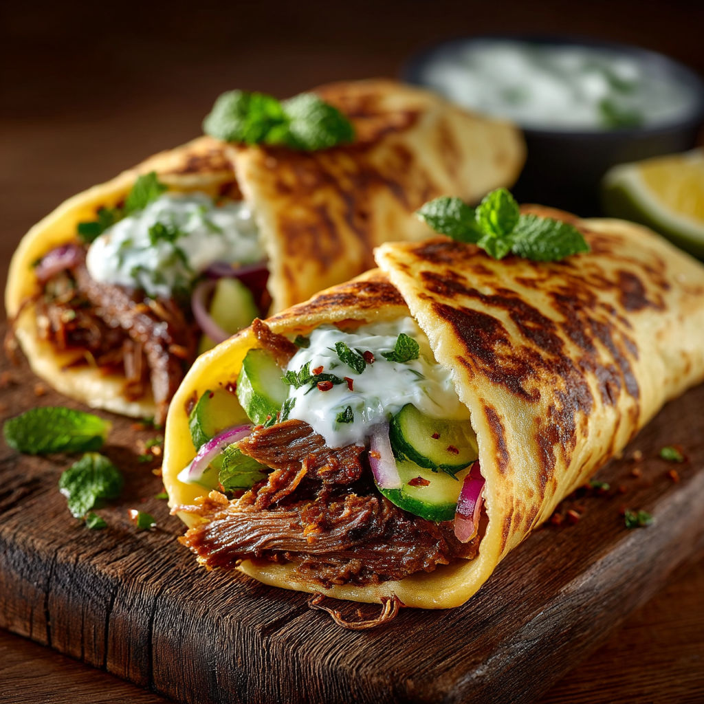 Un sandwich de bœuf avec des légumes verts et des herbes.