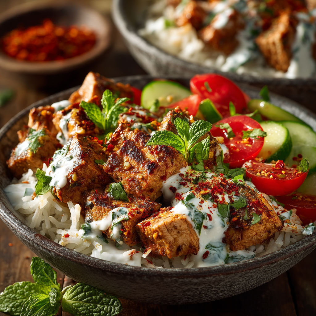 Une assiette de viande grillée avec des légumes verts et des herbes.