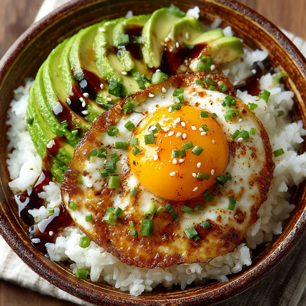 Un plat de riz avec des avocats et une omelette.