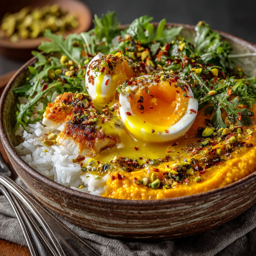 Une assiette de riz et de poulet avec des oeufs brouillés.