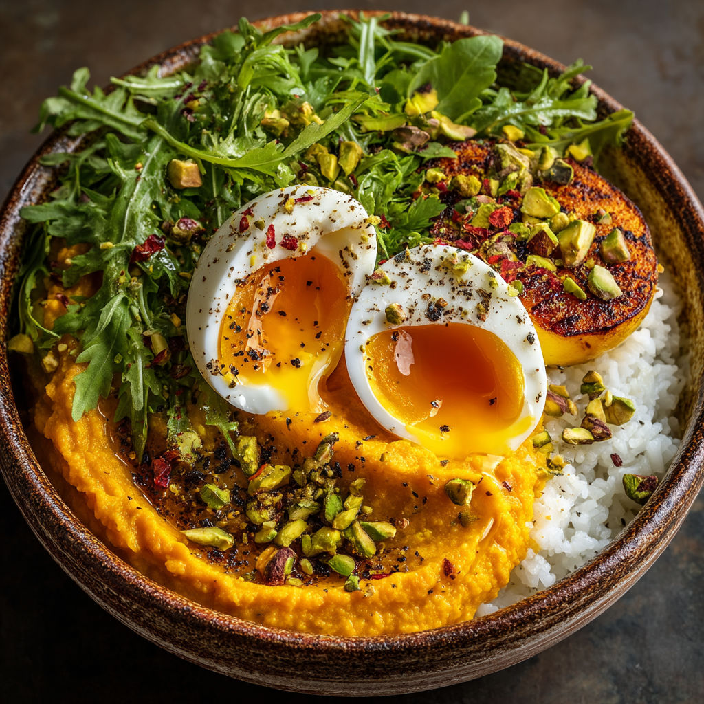 Une assiette de riz et de légumes verts avec des œufs entiers.