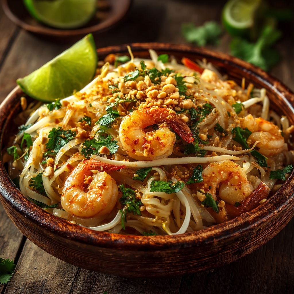 Une assiette de Pad Thaï crevette.