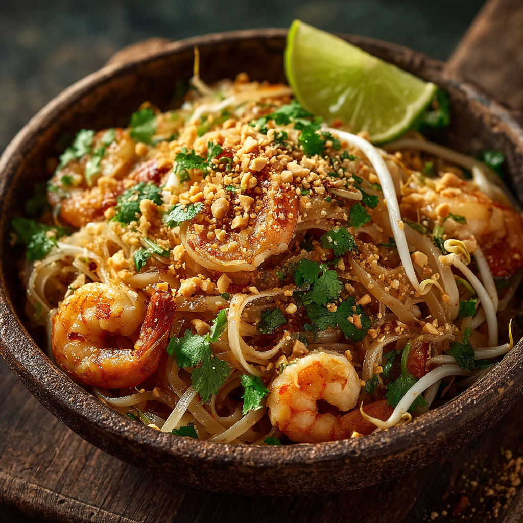 Une assiette de Pad Thaï crevette.