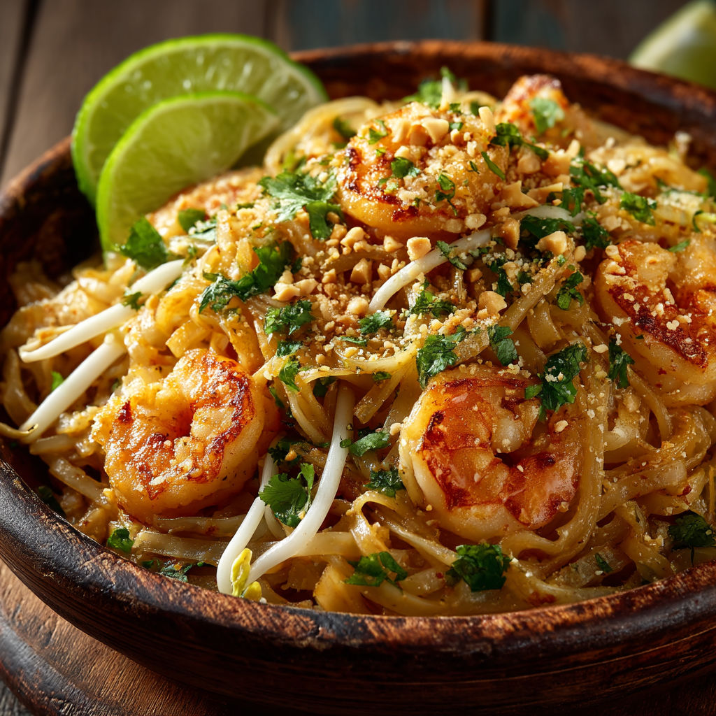 Une assiette de Pad Thaï crevette.