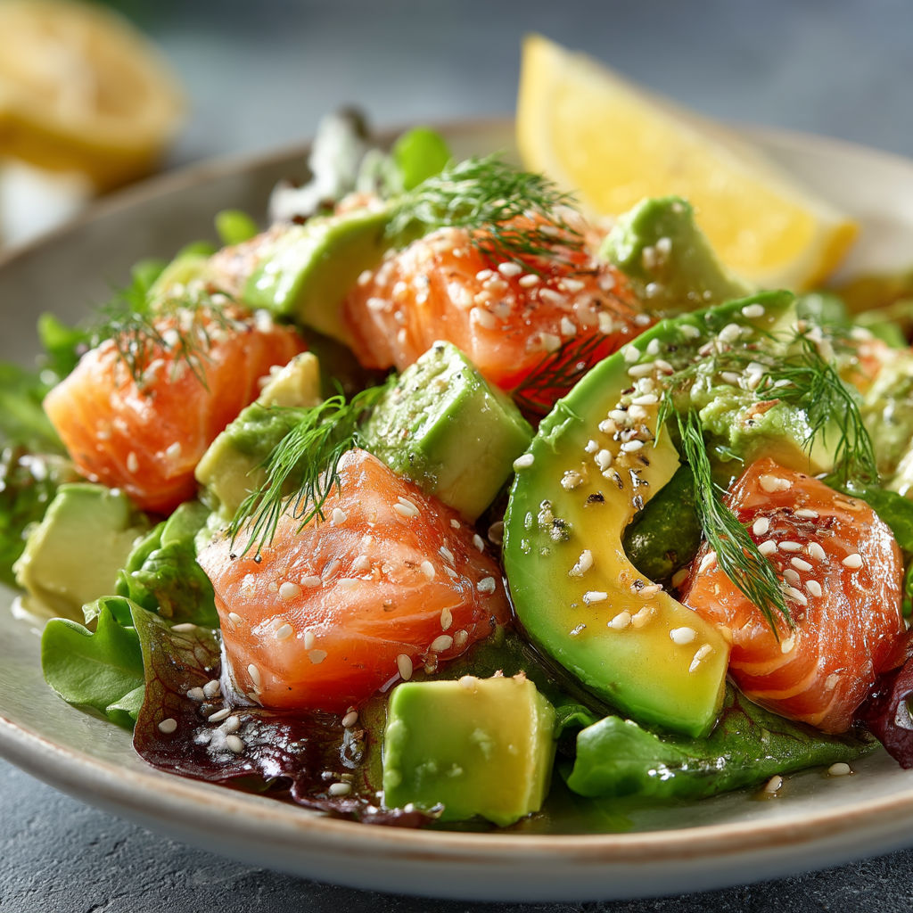 Une salade de saumon et avocat.