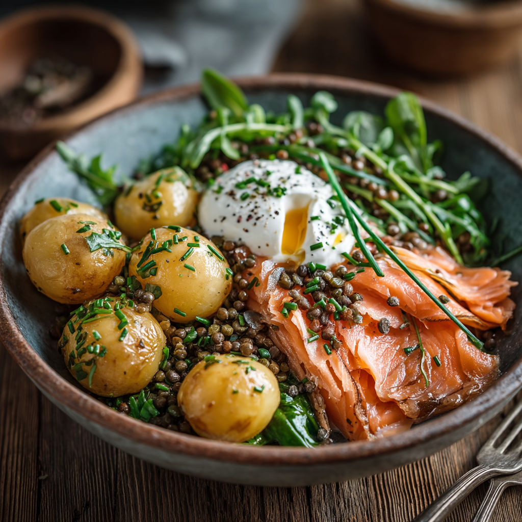 Une assiette de salade avec des légumes et du poisson.