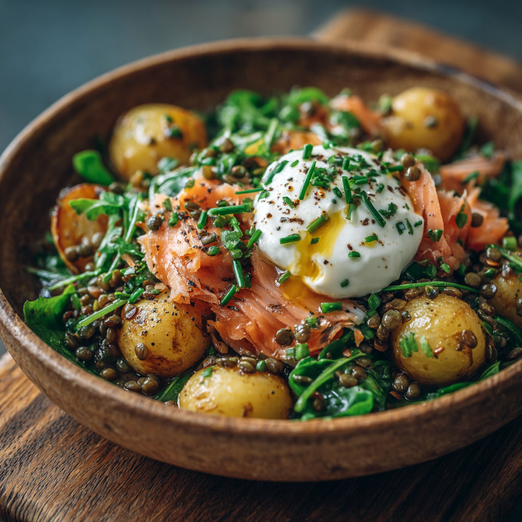 Une assiette de salade avec des légumes, des pommes de terre et du poisson.