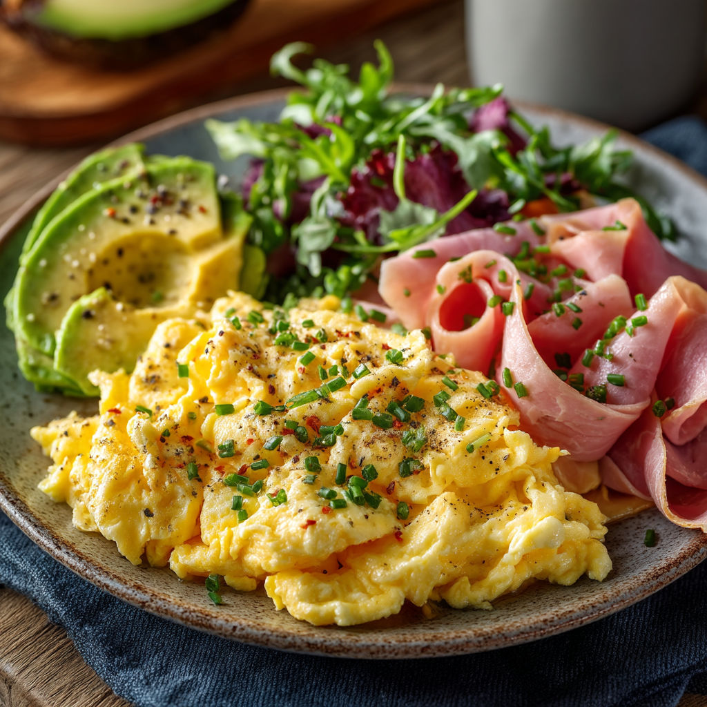 Un plat de fruits et légumes avec des oeufs.