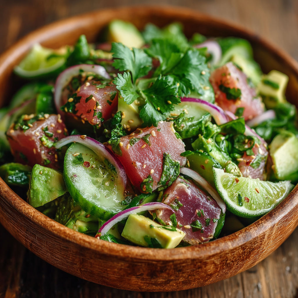 Salade de poisson avec des avocats et des herbes.