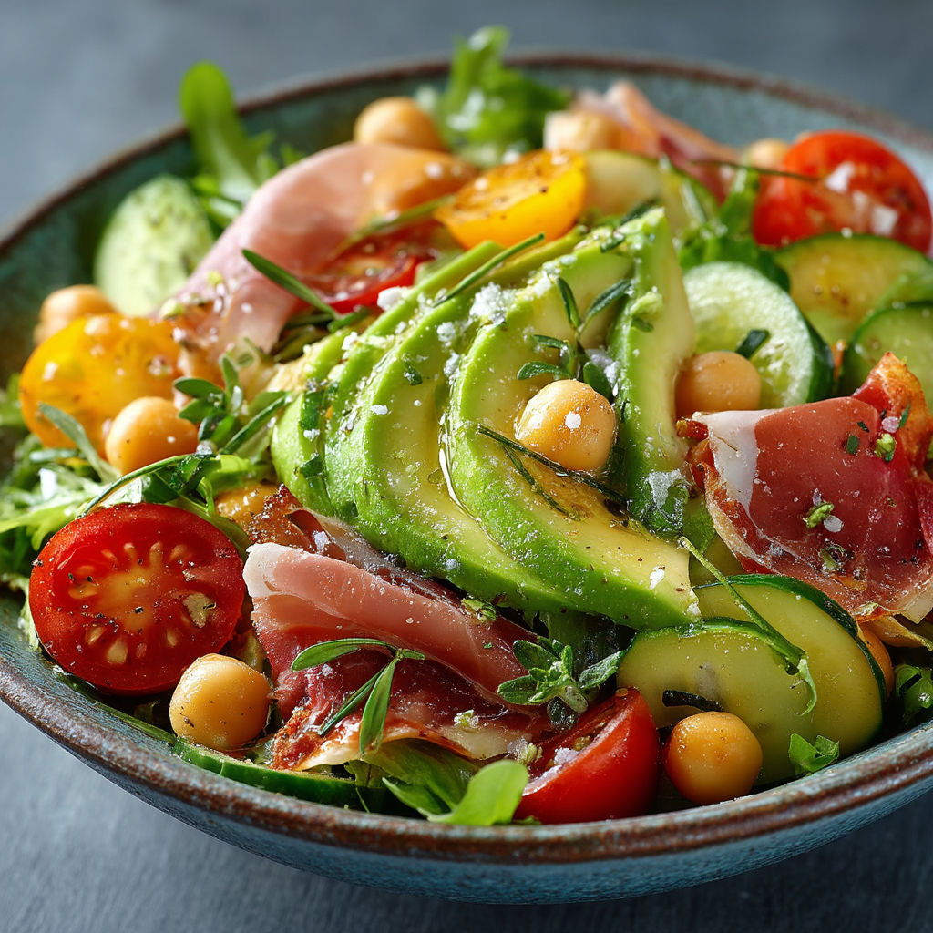 Une salade de fruits et légumes avec des tomates, des avocats, des poivrons, des cucumbers et des chickpeas.