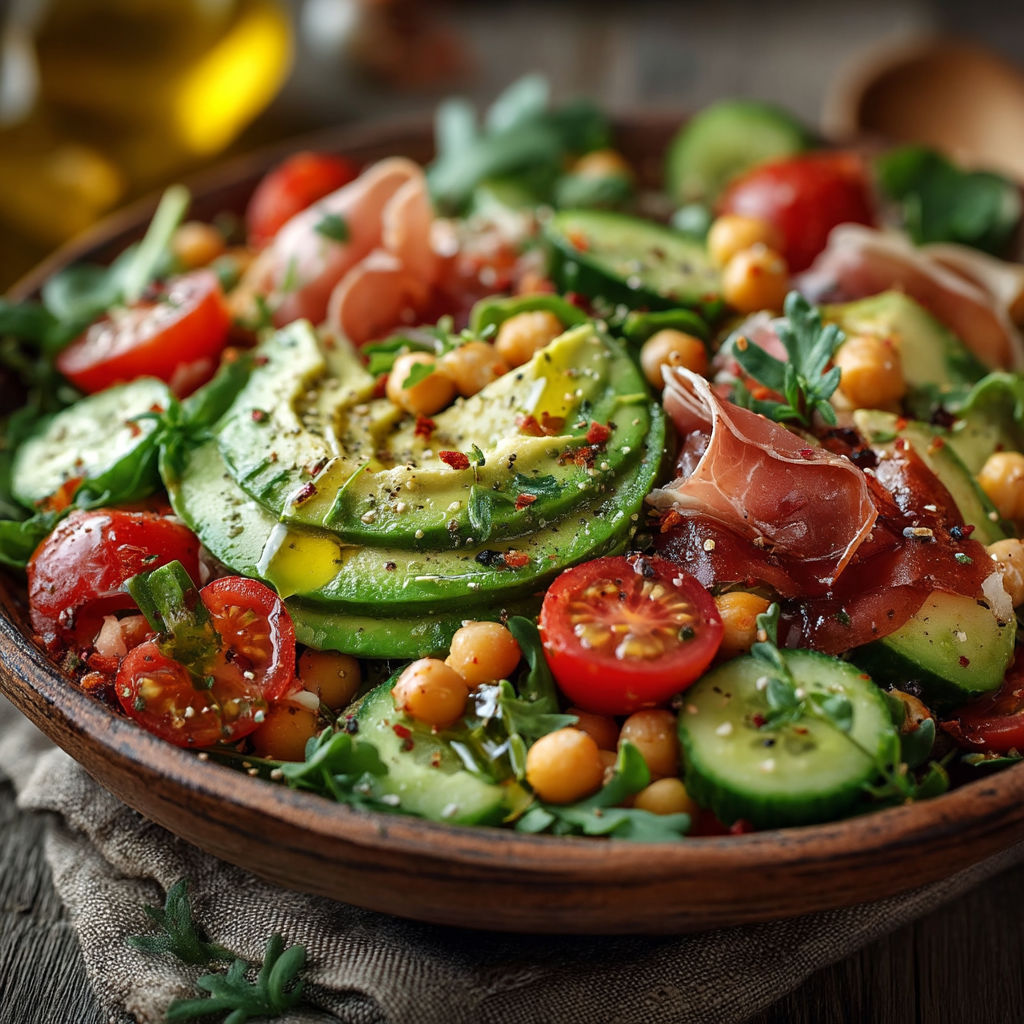 Une salade de tomates, avocats, cucumbers et poivrons.