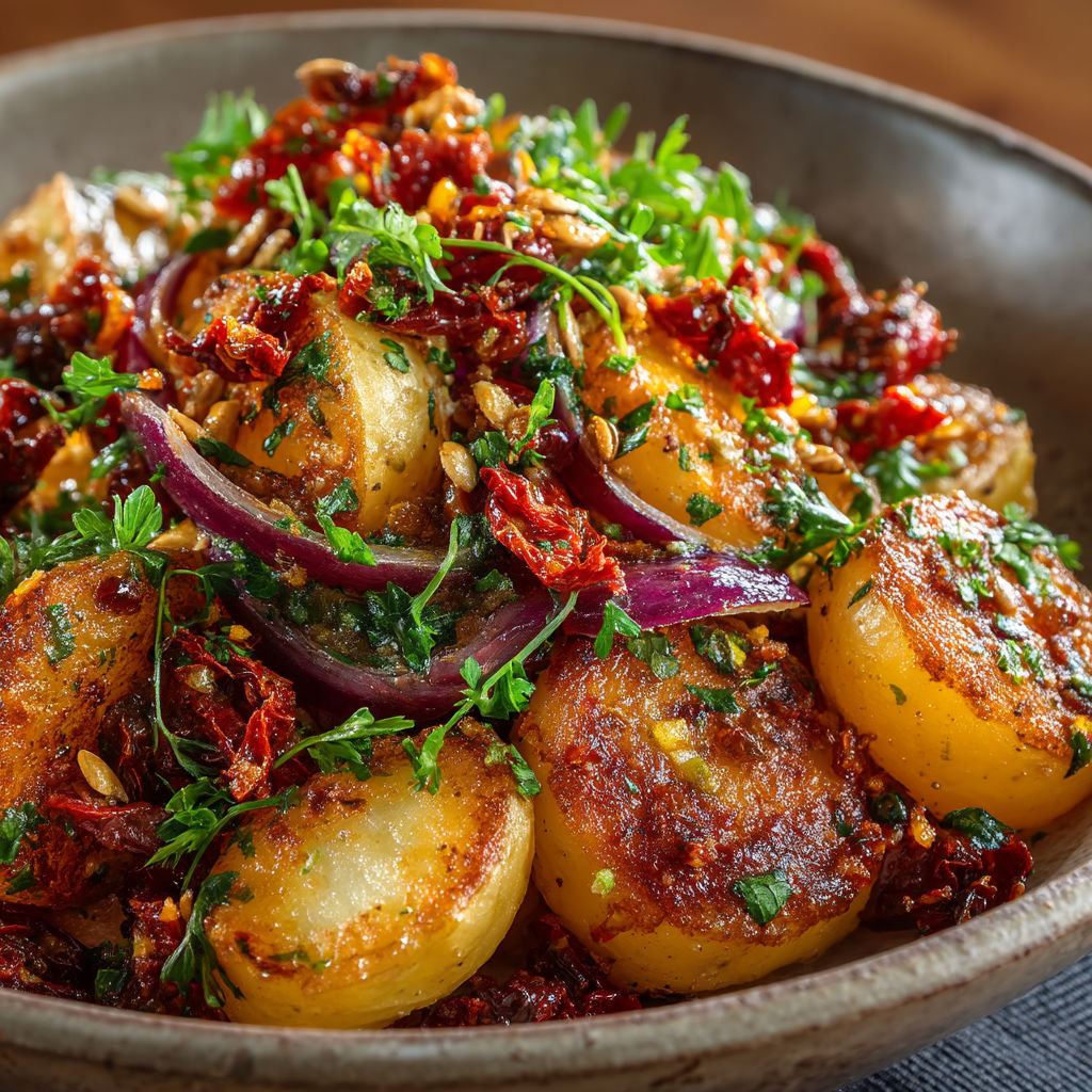 Une salade de pommes de terre aux tomates rôties.