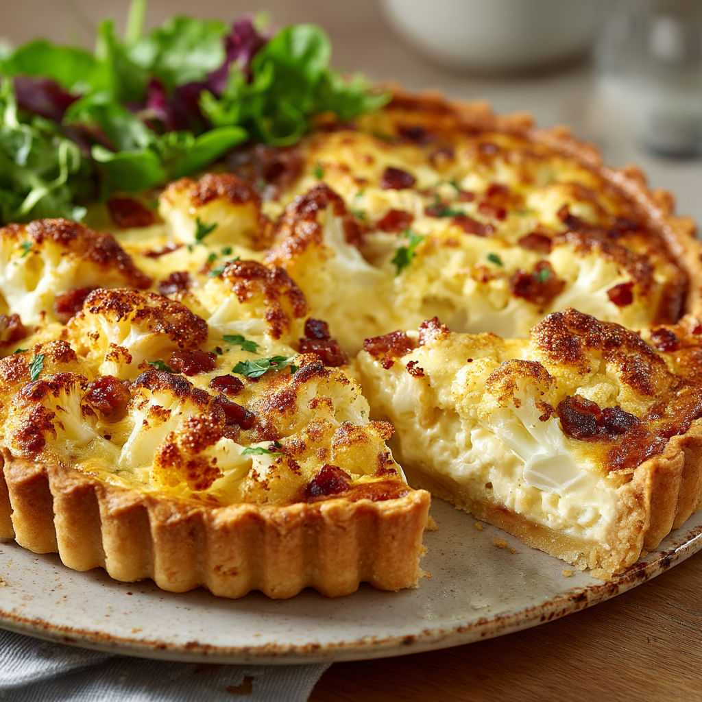 Une tarte aux cauliflores sur un plateau.