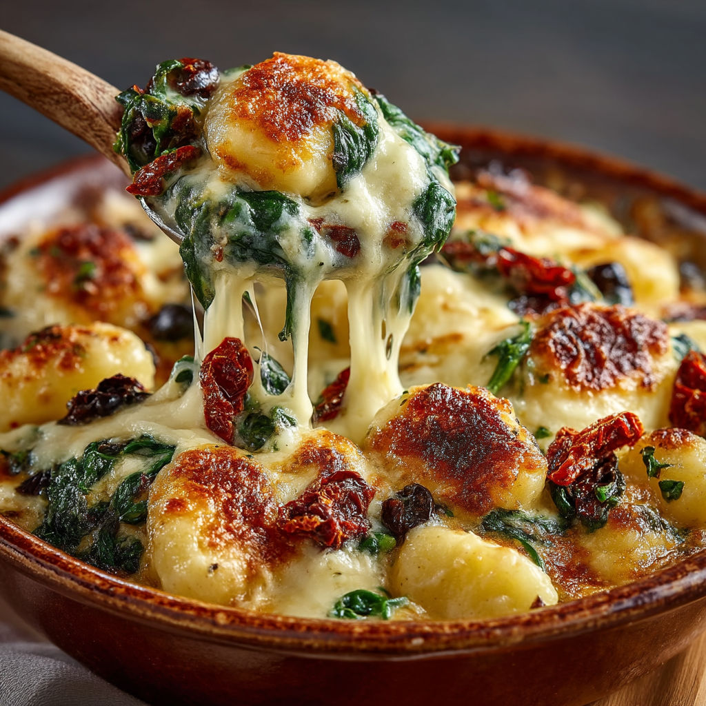 Gratin de gnocchis aux épinards et tomates séchées.