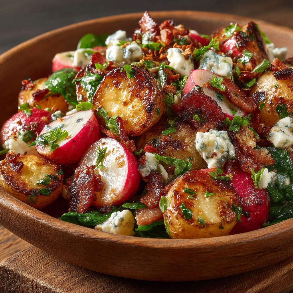 Une salade de légumes et bacon dans un bol.