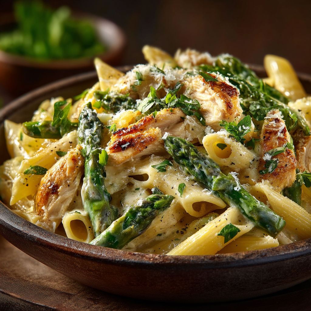 Penne au poulet, asperge et munster.
