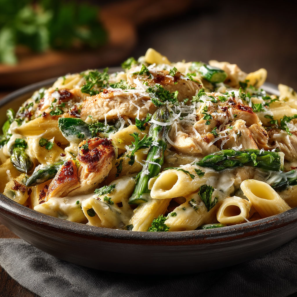 Une assiette de spaghetti avec des légumes verts et des viandes.