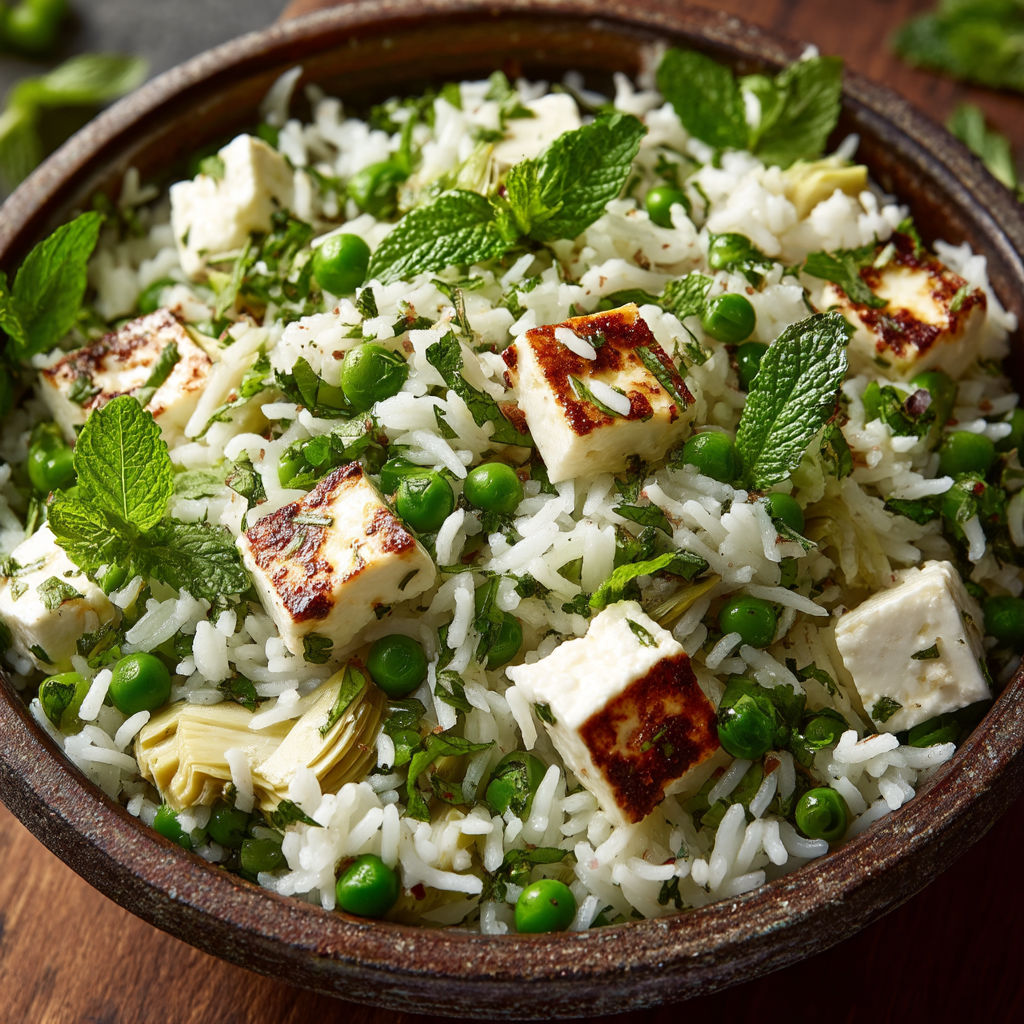 Une assiette de riz et de légumes verts.