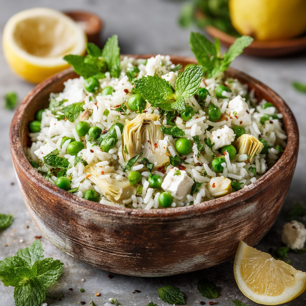 Une assiette de riz avec des légumes verts et des citrons.