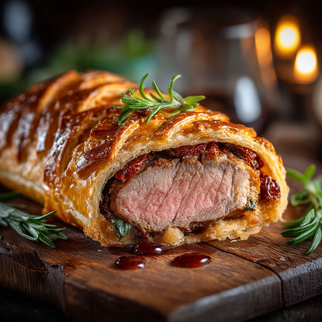 Un gâteau de viande avec des herbes et des légumes sur une table.