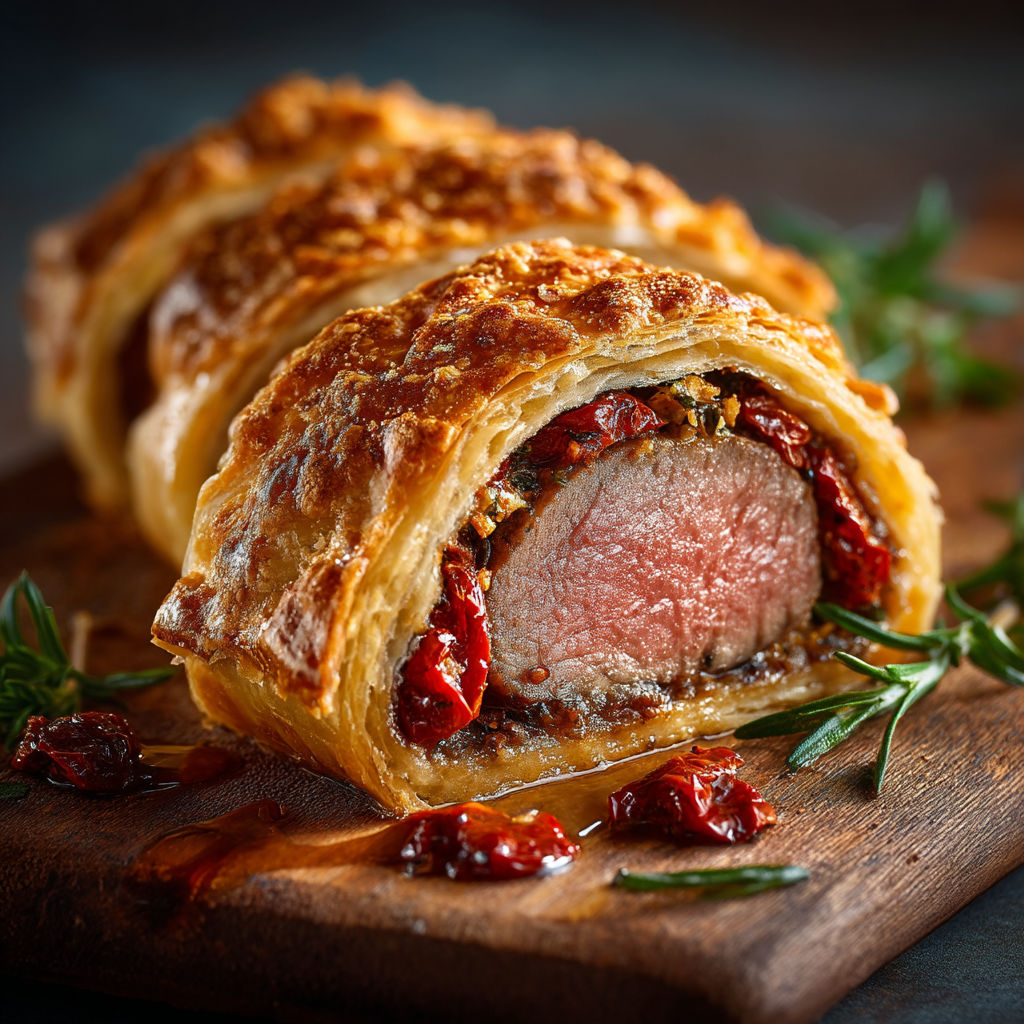 Une tranche de pizza avec des tomates et du viande.