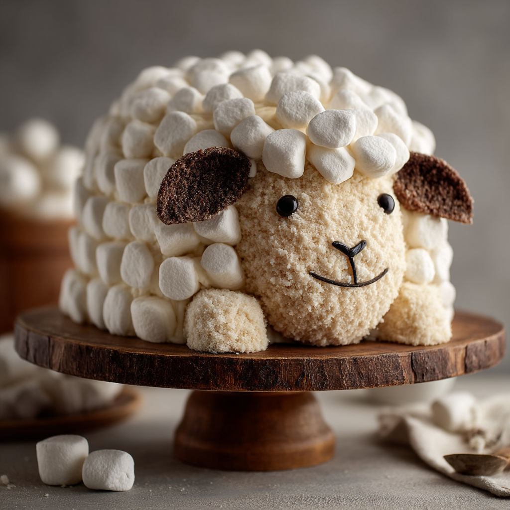 Un cake en forme de mouton avec des marshmallows sur le dessus.