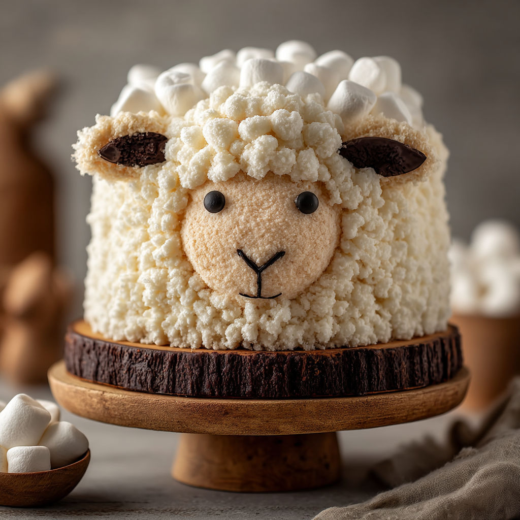 Un cake en forme de mouton avec des marshmallows dessus.