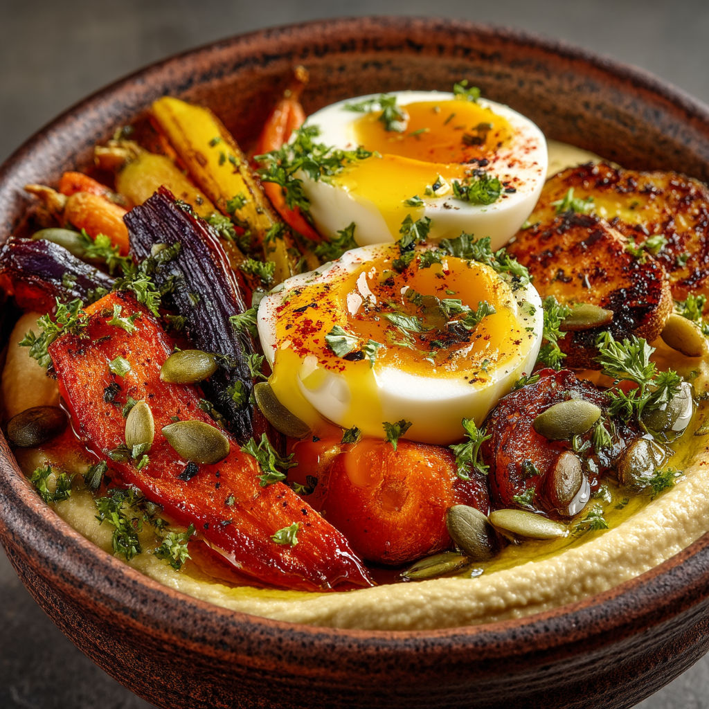 Un plat de légumes, œufs et houmous.