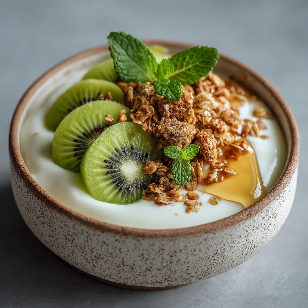 Un bol de yogourt avec des fruits frais et des herbes.