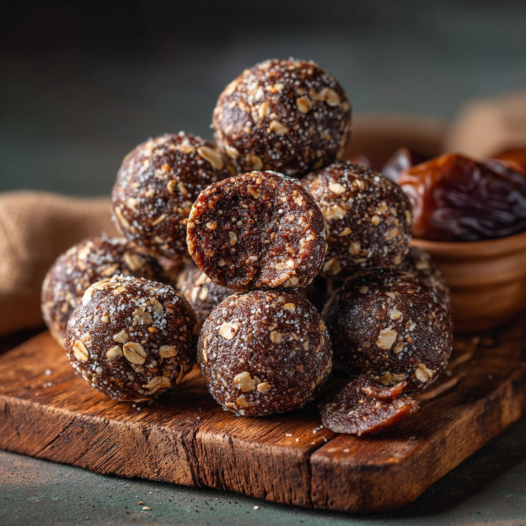 Un plateau de balles d'énergie avec des amandes, des dattes et du purée d'amande.