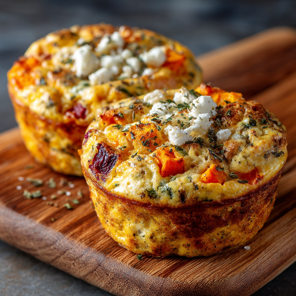 Des muffins aux oeufs protéinés sur une planche de bois.
