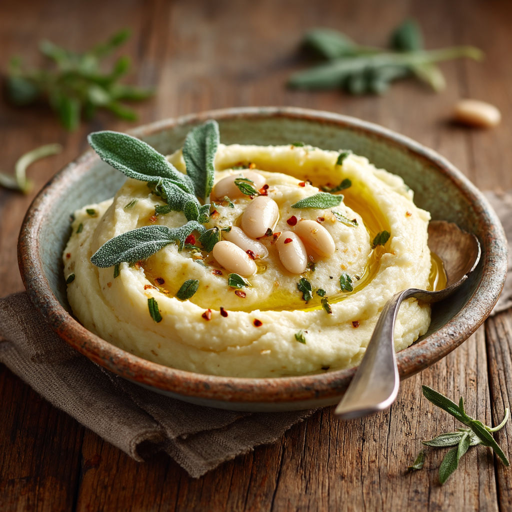 Une assiette de purée de pois et de herbes.